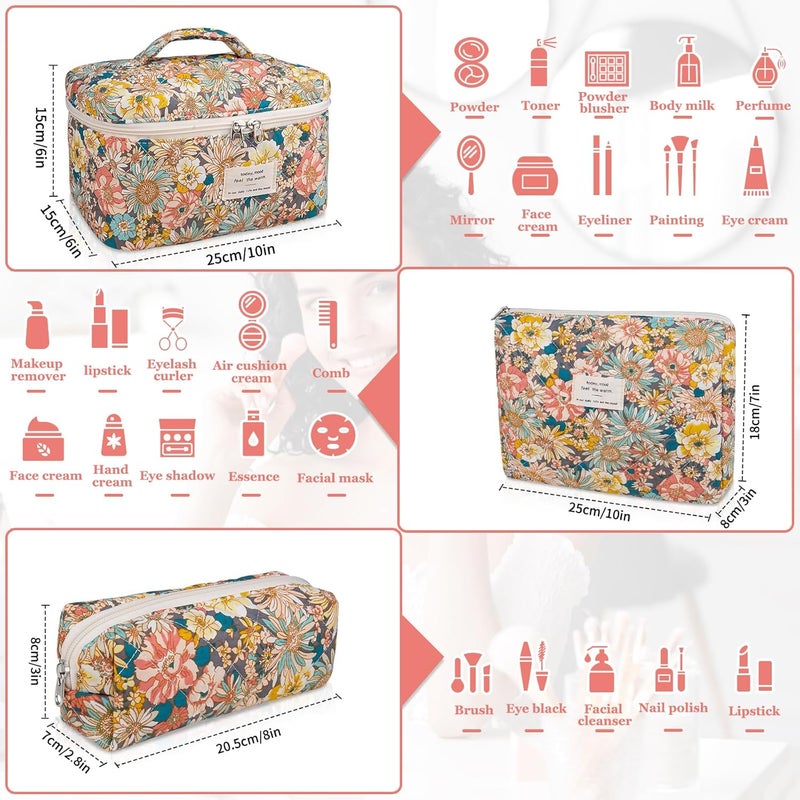 Gosect Makeup Bag Set, Quilted Makeup Bag, Large Floral Cosmetic Bag for Women, Cute Cotton Makeup Bags, Flower Travel Toiletry Organizer Bag (South Twigs Flower) - Image 2